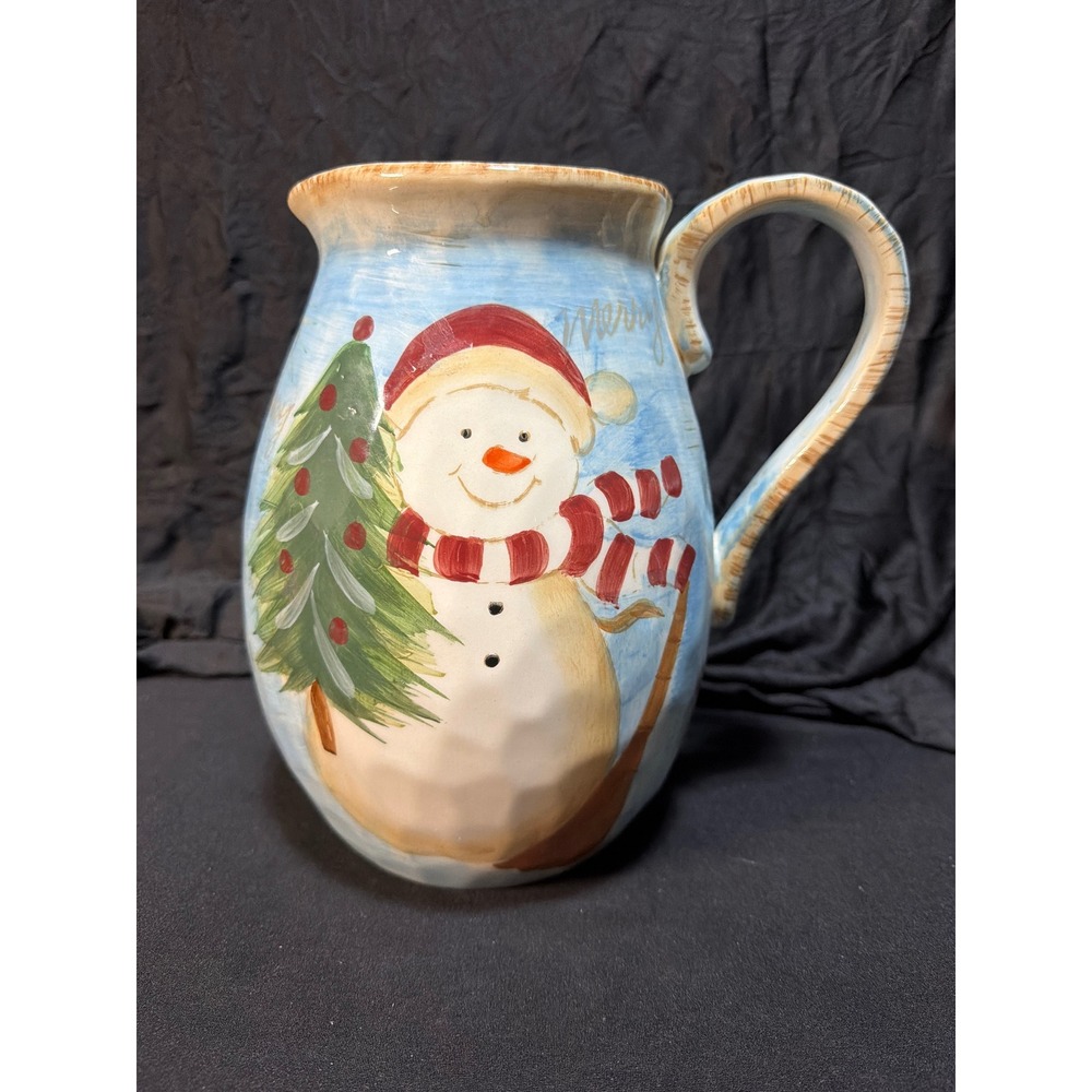 Maxcera Snowman Ceramic Pitcher Blue Christmas Holiday Hand Painted 9.5 Inch